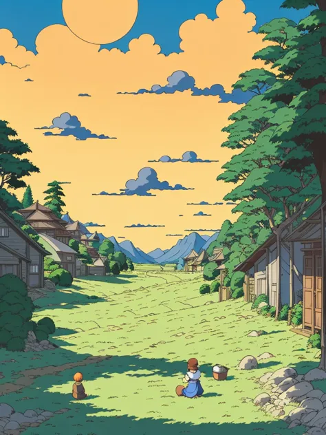 masterpiece 8k studio ghibli cozy road noon masterpiece 8k studio ghibli cozy middle of a field under trees with orange fruits. ...