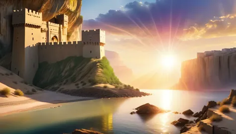 a picture of a fortress built into the cliff a desert, some towers, gate built into the cliff, the fortress is part of the cliff...