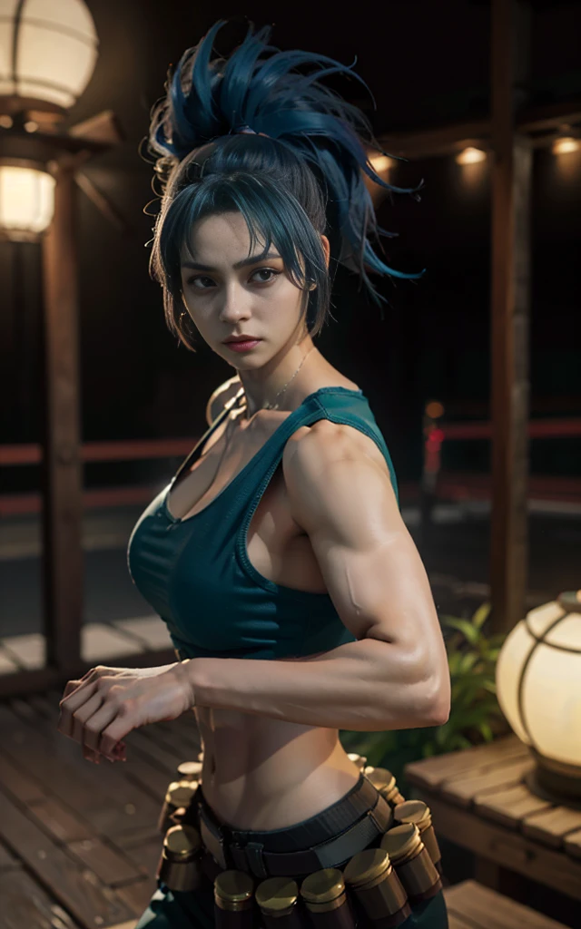 (8k, best quality, masterpiece:1.2), (realistic, photo-realistic:1.37), ultra-detailed,
A detailed portrait of 1 girl 2 girl, fantasy character, blue eyes, blue hair color, detail face, pale skin, perfect abs, face facing the camera, wearing black tanktop. The scene is illuminated with professional lighting, photon mapping, and radiosity, with Tetsuya Nomura Style and a japanese feel, Leona KoF cosplay, The King of Fighters. In the dark desert background with blur or bokeh effect, neon details, realistic light.