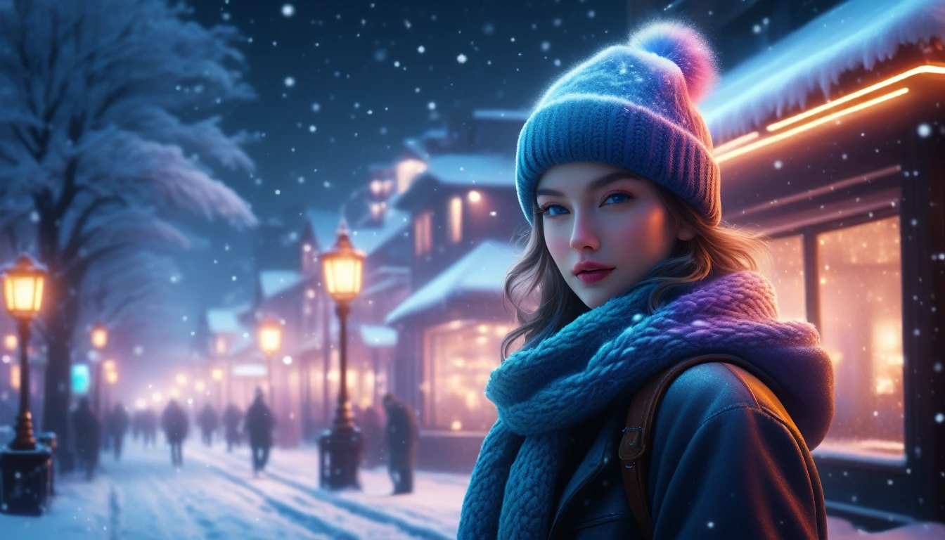 Magic winter, beautiful, realistic, high resolution, high detail, neon lighting