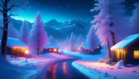 magic winter, beautiful, realistic, high resolution, high detail, neon lighting