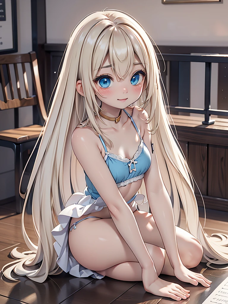 (8k、Highest quality、Highest quality、Masterpiece)、Facial details、((One person))、Center part long hair、White blonde、Slender and slim figure、Big Blue Eyes、Troubled expression、Bitter smile、Small breasts、((White camisole))、((Not wearing panties))、((Leaning forward))、(((Tired and resting his chest on the desk 1.5)))、Slim and beautiful back、Turn your back、Kneel on the floor and raise your hips、Shooting from behind、Street cafe background、Full body description、Perfect human body、Perfect Legs、Focus on the butt