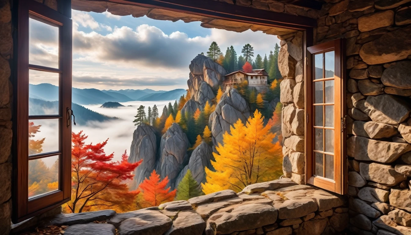 In the window of an old house, there is a view outside with many towering rocks surrounded by clouds and mist. The pine tree next to it has colorful leaves on its branches. In autumn, warm sunlight shines through the cracks of broken walls onto them. This scene was captured, presenting stunning scenery with ultrahigh resolution and high details. It's a masterpiece that shows the best quality of photography in the style of Canon cameras.