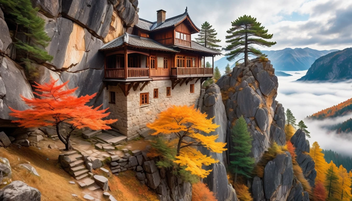 In the window of an old house, there is a view outside with many towering rocks surrounded by clouds and mist. The pine tree next to it has colorful leaves on its branches. In autumn, warm sunlight shines through the cracks of broken walls onto them. This scene was captured, presenting stunning scenery with ultrahigh resolution and high details. It's a masterpiece that shows the best quality of photography in the style of Canon cameras.