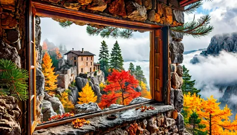 in the window of an old house, there is a view outside with many towering rocks surrounded by clouds and mist. the pine tree nex...