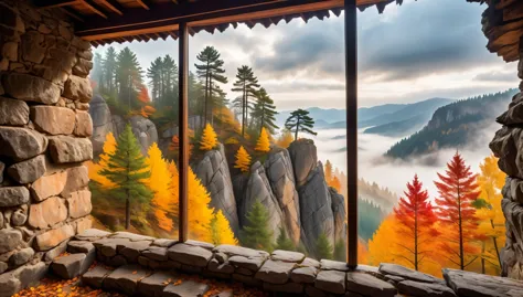 in the window of an old house, there is a view outside with many towering rocks surrounded by clouds and mist. the pine tree nex...