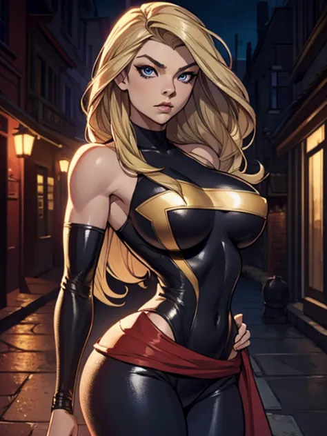 natalie dormer as ms. marvel standing in front of a dark street, long blonde hair, beautiful detailed eyes, beautiful detailed l...