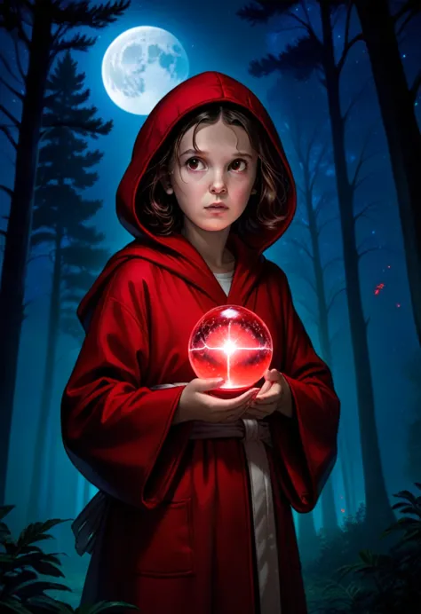 milli3 woman, millie bobby brown, 1 curious girl wearing red dark hooded silk robe and holding a magical plasma orb, netflix, st...