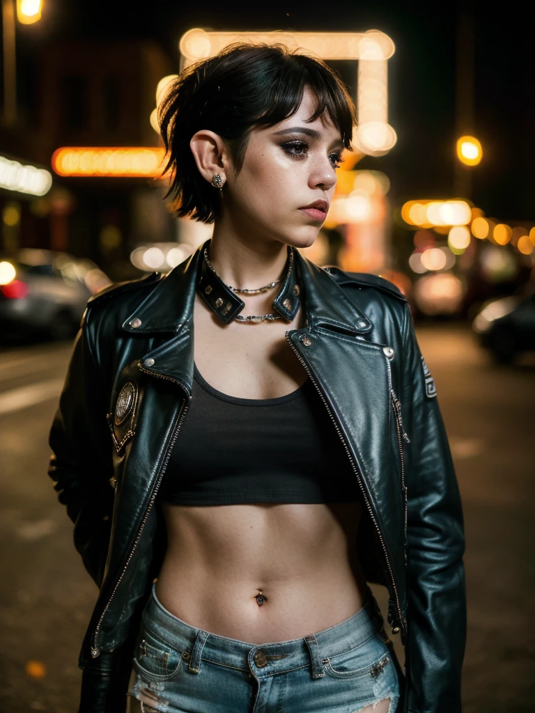 raw photo,(close-up),(masterpiece),(style dark fantasy), jortega,Short hair,makeup,city street,motorcycle club jacket,slim body,elf ears,night,dof,volumetric lighting,(film grain:1),add_detail,(rim lighting:1.1)