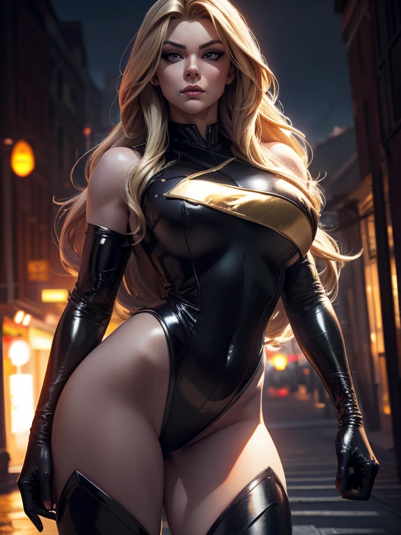 a beautiful girl with long blonde hair, beautiful detailed eyes, beautiful detailed lips, round breasts, wide hips, ms. marvel outfit, standing in front of a dark street, (best quality,4k,8k,highres,masterpiece:1.2),ultra-detailed,(realistic,photorealistic,photo-realistic:1.37),intricate details,highly detailed face,extremely detailed eyes and face,longeyelashes,dramatic lighting,moody atmosphere,cinematic lighting,dynamic pose,heroic stance