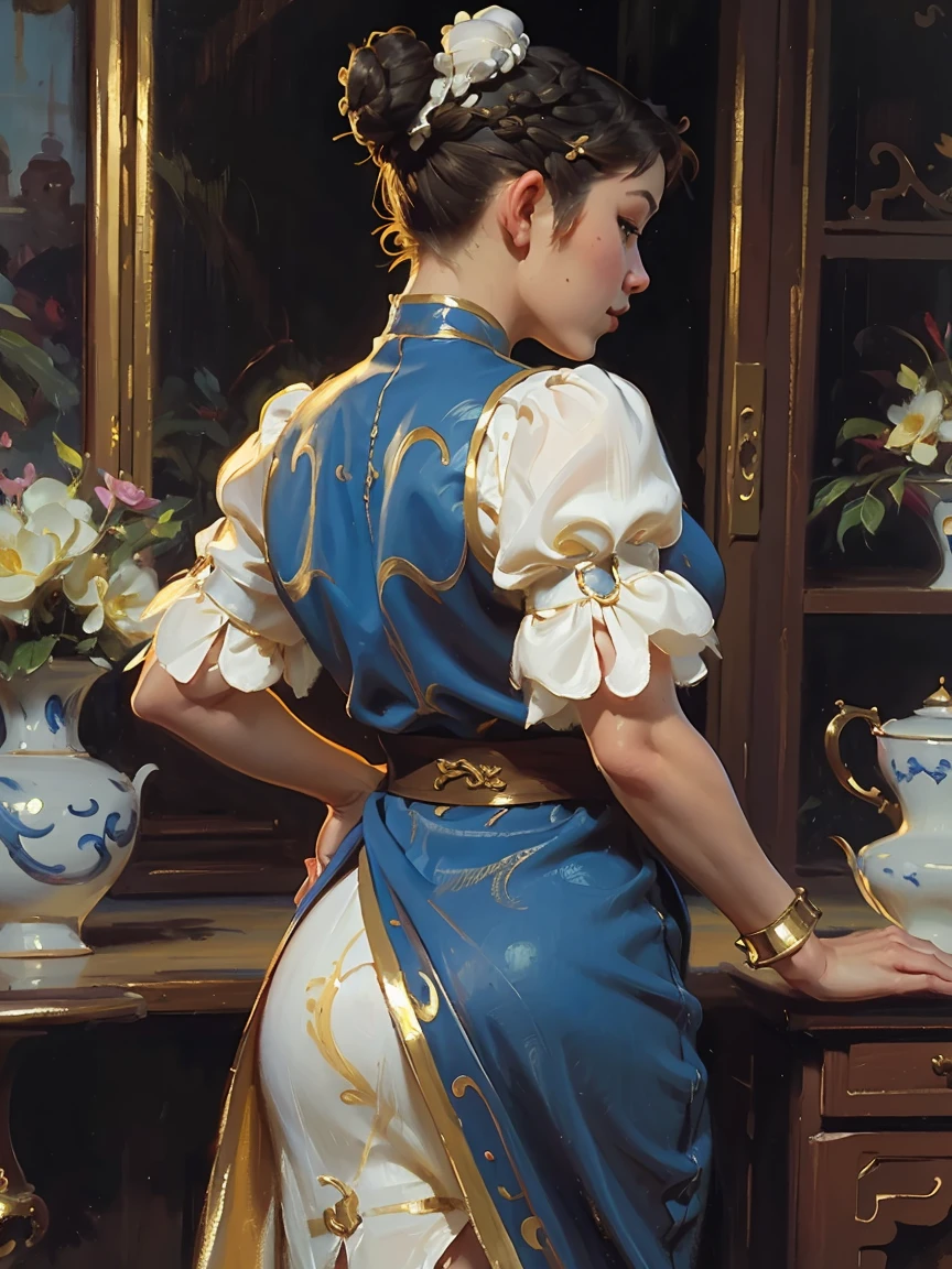 (AOC:1.1), (Oil painting:1.2), from behind, encorvado, Curved, Slightly Wide hips, thick thighs, (chun li:1.3), brown hair, ((Double bun hair:1.2, Bun cover:1.5)), lipstick, makeup, blue dress, Blue cheongsam with side slits, Blue footwear, brown pantyhose, chinese clothes, cross-laced footwear, gold trim, pelvic curtain, short sleeves, puffy sleeves, sash, spiked bracelet, Afternoon at the Summer Resort, From inside the hotel, by sargent, ((masterpiece, best quality, high resolution))