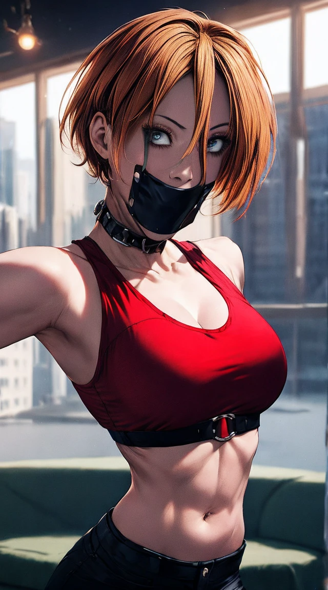 tmasterpiece,, Best quality at best, A high resolution, 1girll， with short golden hair，Red clotheary，hason, Crop top, (Large breasts 1.4), nabel，Fighting posture，cyber punk perssonage，City streets, panelgag, arms tied up above head