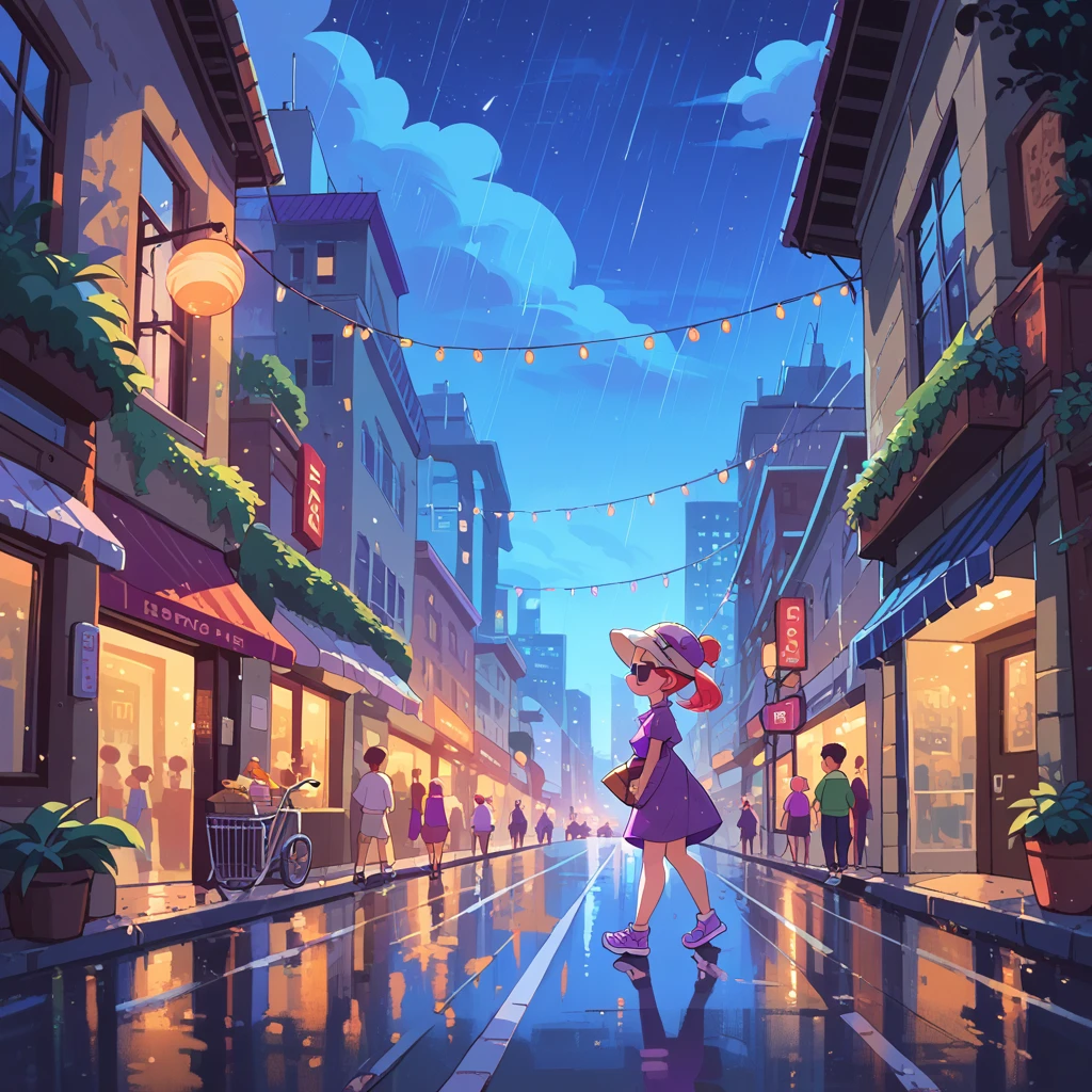 meilin lee, purple hair, purple dress, sunglasses, outdoors, city, night, neons, road after rain