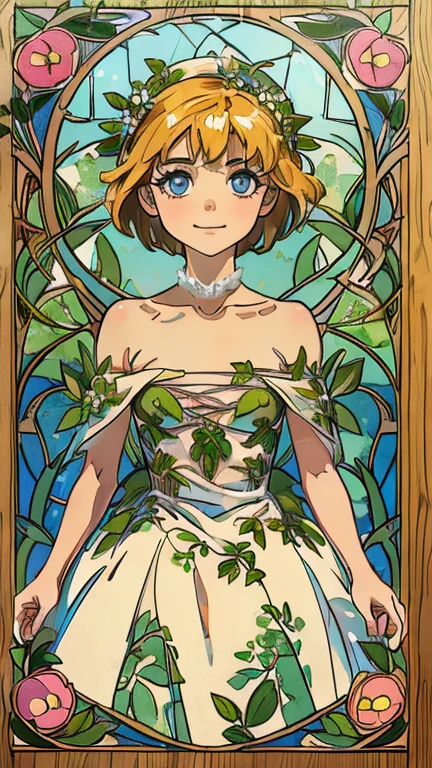 (1girl, solo, highly insanely detailed, masterpiece, top quality, best quality, highres, 4k, 8k, RAW photo),((innocent look)),((Childish)),From the front, symmetrical composition,smile,cute,Innocent,Kind eyes,Flat chest,ArsMJStyle, Art Nouveau Style, forest, vines, (LisaNote),
(v1nedr3ss)