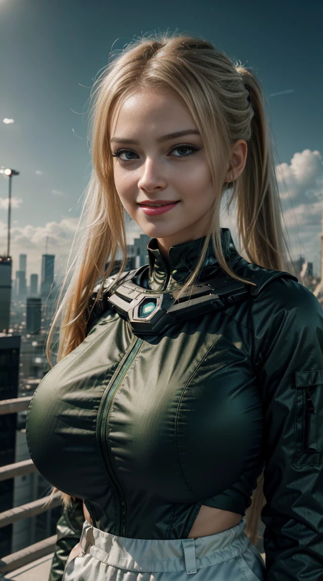 
A blond hair in a single ponytail in an anime style way and green eyes woman with huge breasts in a black and white futuristic military uniform with high-waisted trousers with a kind smile looked on a rooftop looking at a high-tech city on an alien planet. masterpiece,ultra realistic,32k,extremely detailed CG unity 8k wallpaper, best quality, masterpiece,ultra realistic,32k,extremely detailed CG unity 8k wallpaper, best quality,