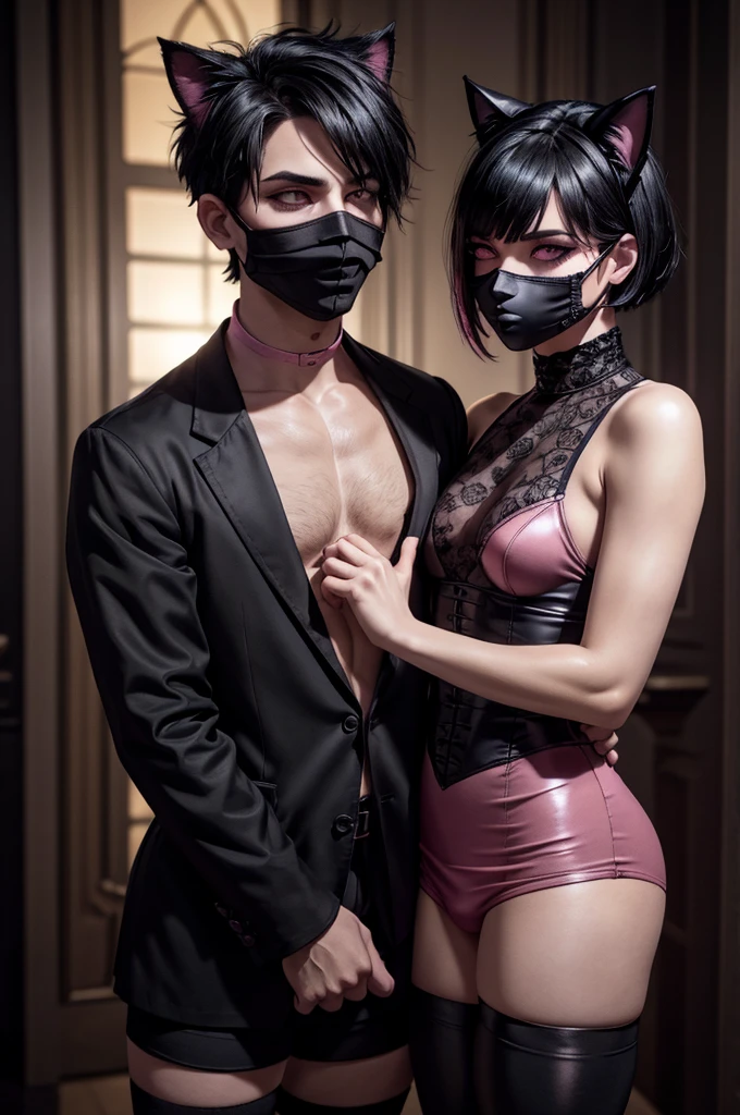 a short-haired black-haired femboy, wearing a face mask and gothic clothes (along with pink cat tights), golden eyes, detailed facial features, beautiful lips, intricate eye lashes, high quality, 8k, realistic, photorealistic, masterpiece, dark fantasy, chiaroscuro lighting, dramatic shadows, muted color palette, moody atmosphere