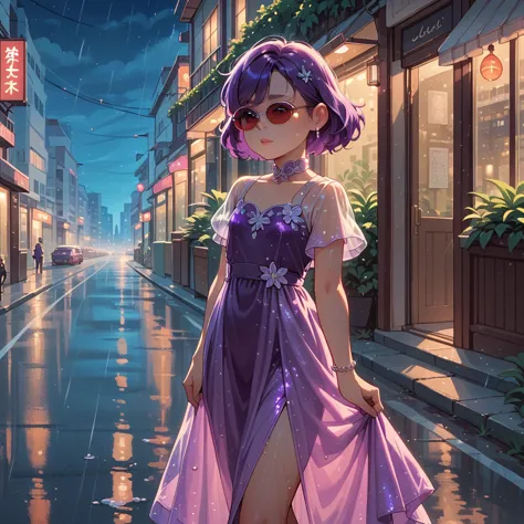 1girl, alone, girl focus, meilin lee, purple hair, purple bioluminescent dress, sunglasses, outdoors, city, night, road after ra...