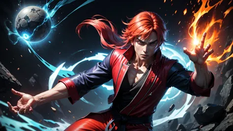 a male character ken masters  in an intense fighting stance, channeling mystical energy. the character has red hair styled forwa...