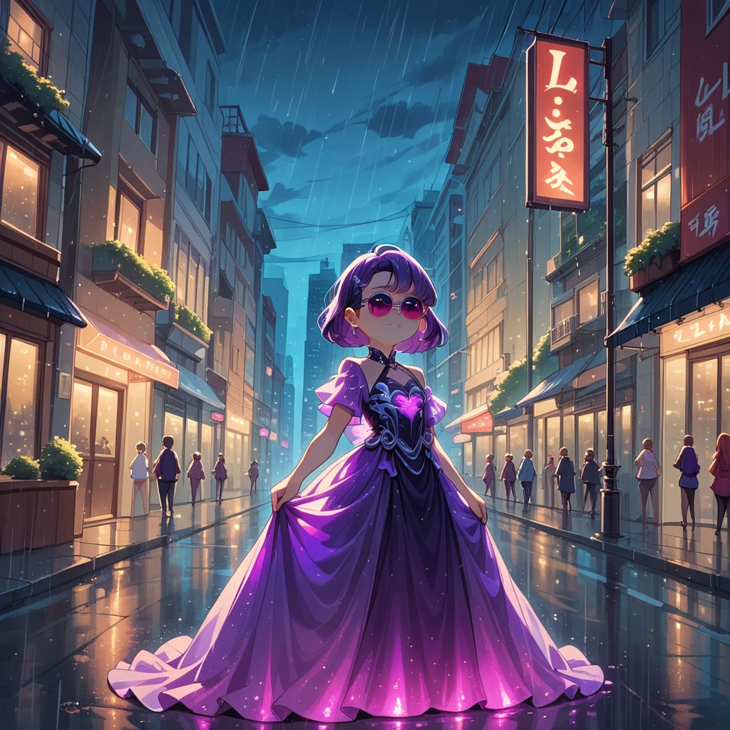 1girl, alone, girl focus, meilin lee, purple hair, purple bioluminescent dress, glowing dress, sunglasses, outdoors, city, night, dark, midnight, road after rain