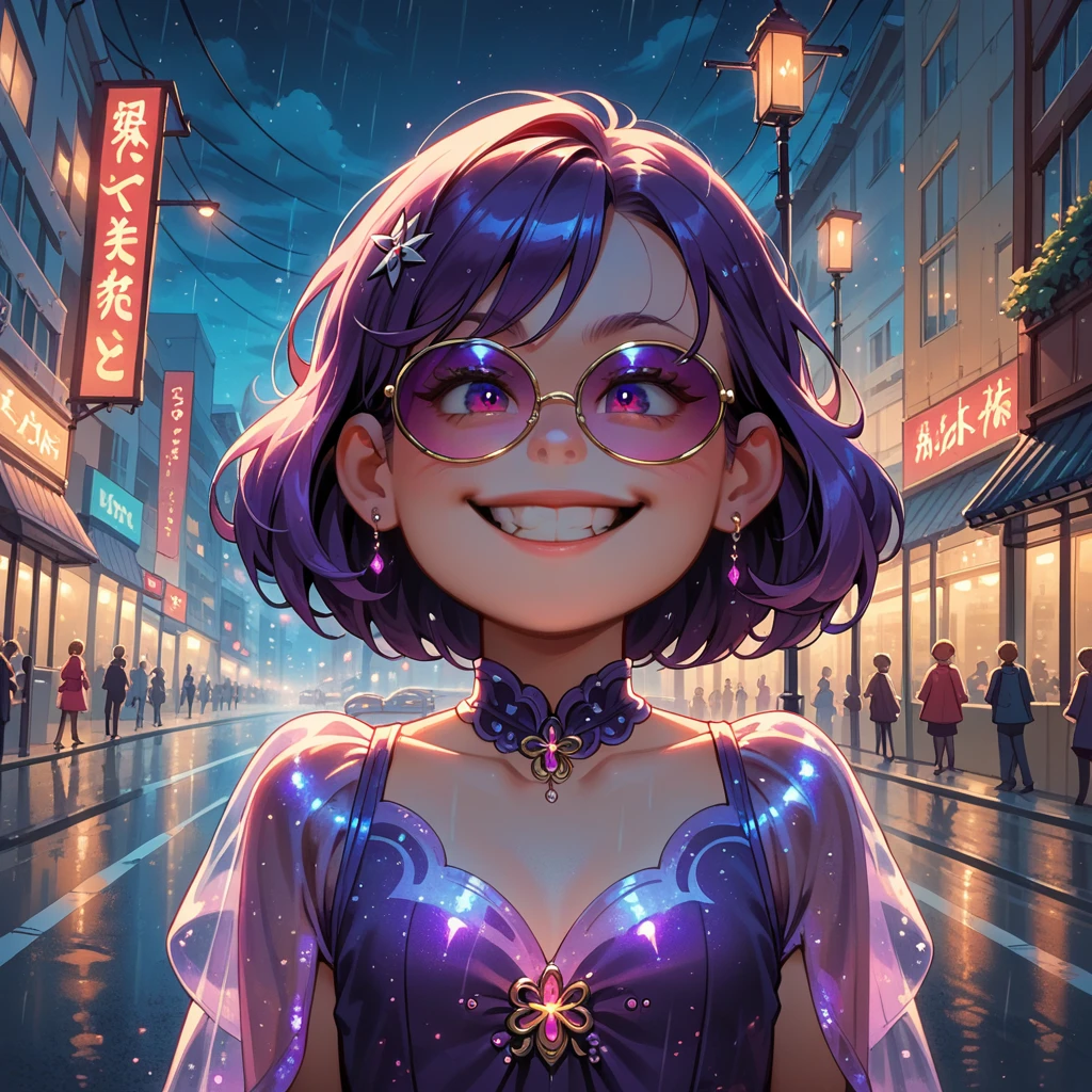 1girl, alone, girl focus, meilin lee, purple hair, purple bioluminescent dress, glowing dress, sunglasses above eyes, smirk, outdoors, city, night, dark, midnight, road after rain