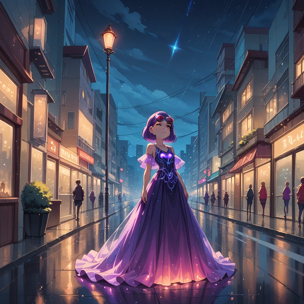 1girl, alone, girl focus, meilin lee, purple hair, purple bioluminescent dress, glowing dress, sunglasses on head, outdoors, city, night, dark, midnight, road after rain