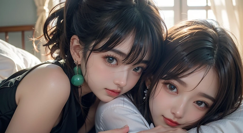 two fictional anime characters laying on bed with green eyes looking at each other, multiple girls, 2 girls, green eyes, black hair, jewelry, looking at viewer, earrings, blush, indoors, short hair