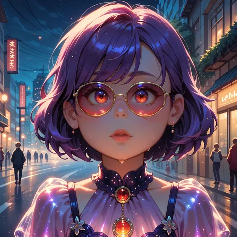 1girl, alone, girl focus, meilin lee, purple hair, purple bioluminescent dress, glowing dress, sunglasses above eyes, outdoors, ...