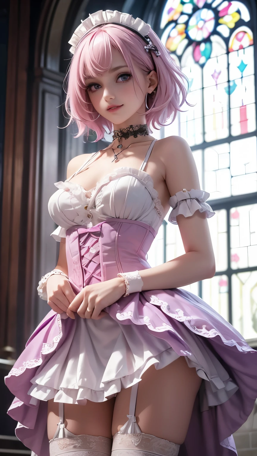 (masterpiece, Highest quality), Intricate details, thin, ((slim)), beautiful girl, Light pink hair, White skin, Light purple eyes, Sharp jawline, Messy Hair, lips, Upper Body, close, Grin, Gothic Lolita fashion, Choker, Arm Covers, church, seductive pose, looking at viewer, from below, show panties, skirt-lift,