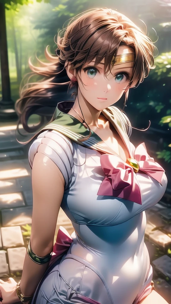 (Woman close up)、((Depict the whole body))、10 generations of women、Pink Lip Gloss、smile、blush、(Open the lipstick a little、High resolution、16K))、In the forest、Perfect cosplay of Sailor Jupiter、Depict the whole body、One girl, solo, High resolution, Anatomically correct, Highest quality, 