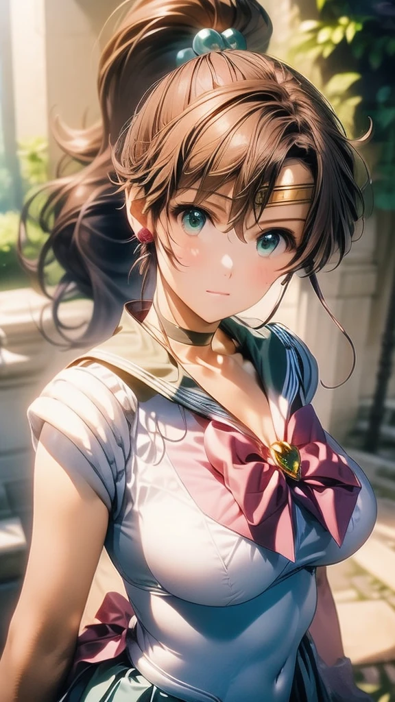 (Woman close up)、((Depict the whole body))、10 generations of women、Pink Lip Gloss、smile、blush、(Open the lipstick a little、High resolution、16K))、In the forest、Perfect cosplay of Sailor Jupiter、Depict the whole body、One girl, solo, High resolution, Anatomically correct, Highest quality, Depict from head to foot