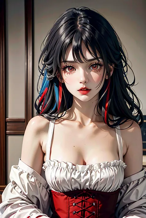 a girl with long black hair with white and red highlights, similar to daki, her breasts are medium-sized and her eyes are red., ...