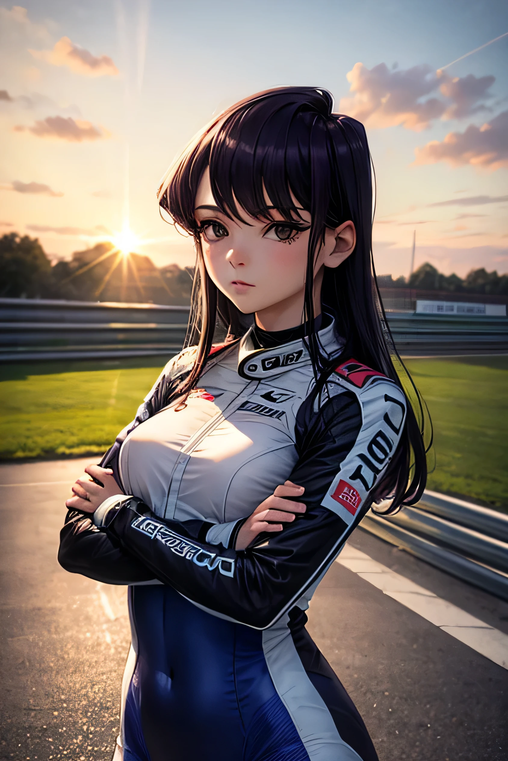 Female racer in white and blue racing suit stands in front of white and blue racing car　Dark Purple Hair　Komi Shouko　Monza Circuit　Standing with arms crossed　Portraiture　Portrait 　Sunset