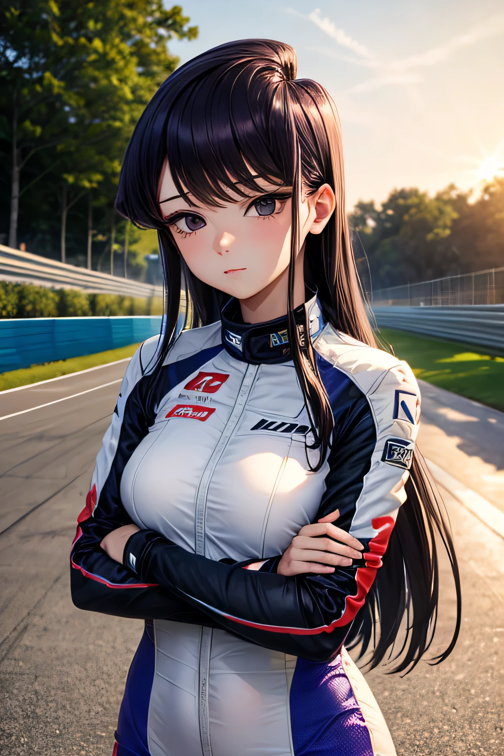 Female racer in white and blue racing suit stands in front of white and blue racing car　Dark Purple Hair　Komi Shouko　Monza Circuit　Standing with arms crossed　Portraiture　Portrait 　Sunset