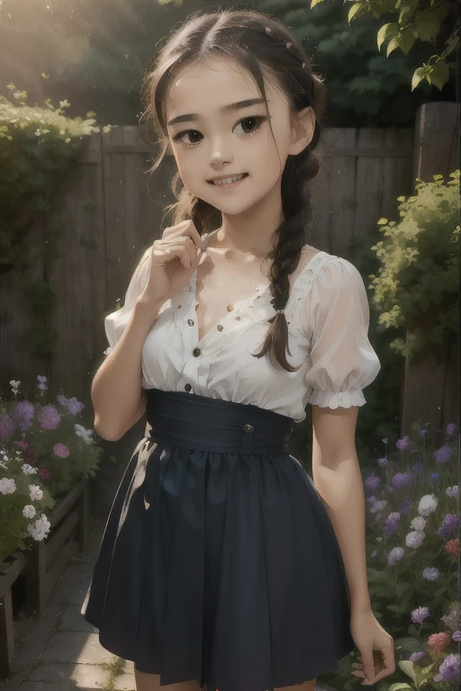 (Highest quality,16K,High resolution,masterpiece:1.2), Very detailed, (Deformed, Realistic, Realistic:1.3)，Very ，Cute girl，Very short stature，Flat Chest，Laughing happily, Brown eyes，length, fluffy, Black hair braids，White Dress，Appreciating the Japanese Tanuki，The raccoon is much bigger than the girl....，Tanuki is a Japanese raccoon dog，The background in the middle of summer is the garden of a country house，Clothes that become transparent due to sweat，Very cunning gestures，