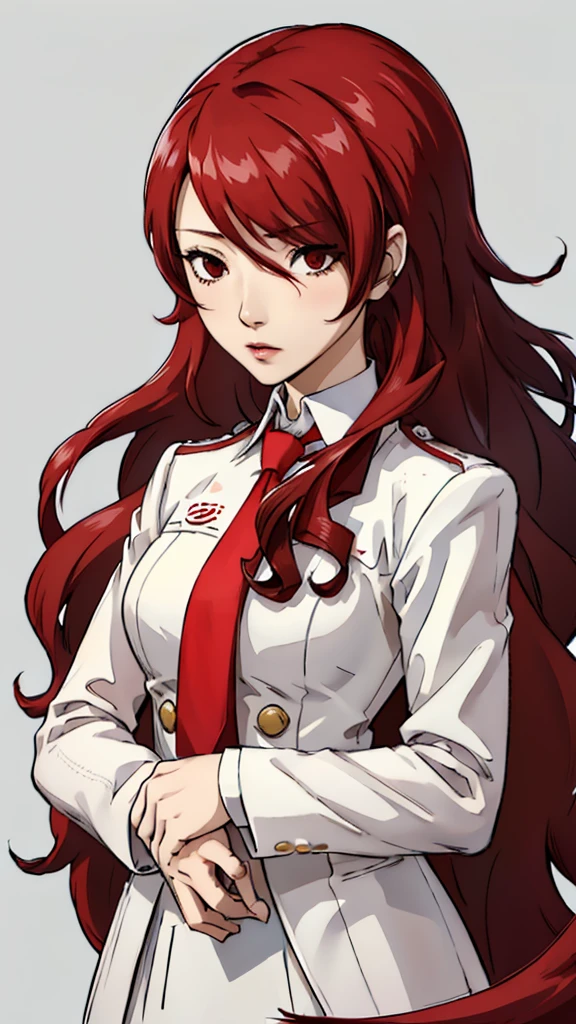 1girl, light red hair, long hair, white suit, tie, red eyes, mitsuru kirijo , curly hair, face portrait , front face, white background, hair over one eye, hair over one eye, serious face