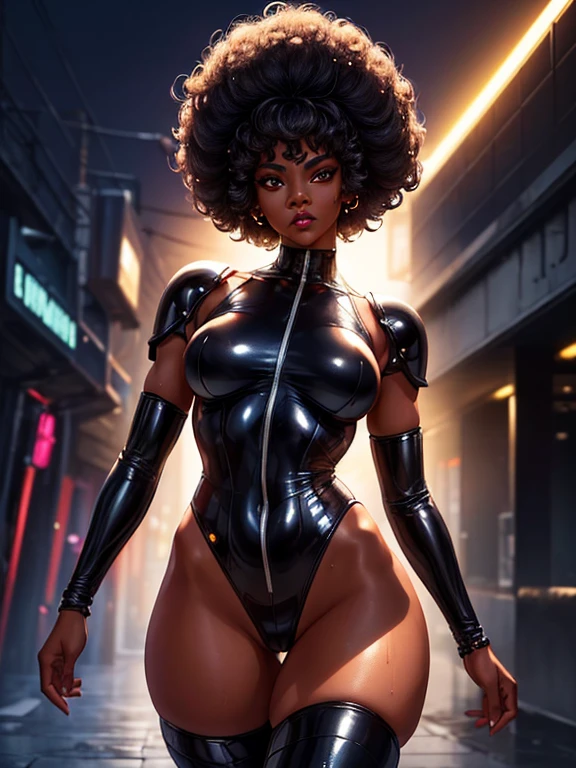 spacepunk girl,(((1 girl))),((cute and beautiful afro haired girl)),((((black race)))),

(breasts big:1.4),saggy breasts,((((black afro hair:1.35,((afro hair:1.35)),afro hair,afro:1.35,dark hair,Bblack hair,)))),medium hair,((heterochromia:1.5, (yellow_Ojo and red_Ojo))),intrikate Ojos,beautiful detailed Ojos,symmetrical Ojos,((fatter)),((((suntanned,darkskin,skin black:1.35,darkskin_female,darkskin:1.3,ebony skin,shining skin:1.5,shining skin: 1.5,shining skin,very shining skin,shinny body,brightened skin,wet legs)))),(spider lower abdomen,narrow waisted,wide hip,athletic body,inflated legs, thick-thighs),((face detailed)),

cute,slutty,sensuous,seducer look,seducer,erotic,enchanting,((NSFW)),

zetai ryouiki,revealing clothing,show the skin,(wearing a mechanical space suit:1.3,micro armor bikini,naked legs,an armored arm),(((wetclothes,intrikate outfit,intrikate clothes))),

(dynamic pose:1.0),focus only,embarrased,(centred,scale to fit dimensions,rule of thirds),

cyberpunk city by the sea at night, with bright neon signs and dark clouds and storm puddles, Scenario:1.25,night time, stary night, kosmos,Very dark night that makes the neon lights ssuntannedd out, very bright neon lights,night time, stary night, kosmos,

Artistic photography,(Photograph taken by SLDR),high resolution, sharp focus,(ultra detaild, extremely detaild), (photorealistic art:1.37),(extremely detaild CG unity 8k wallpaper),((tema de fundo synthwave)),(((swirly vibrant colors))),intrikate,(intrikate background),(work of art),(best qualityer),perfect rendered face,perfect face details,lifelike face,photo realist,analog style,((intrikate detail)),(((真实感))),
