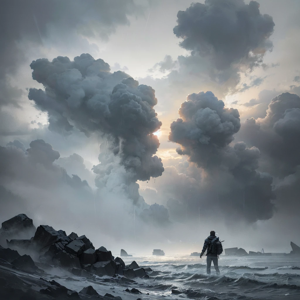 a man in a hurricane, photorealistic, 8k, masterpiece, (best quality, 4k, 8k, highres, masterpiece:1.2), ultra-detailed, (realistic, photorealistic, photo-realistic:1.37), dramatic lighting, dynamic pose, swirling wind, rain, stormy sky, cinematic, epic scale, atmospheric, moody colors, muted tones