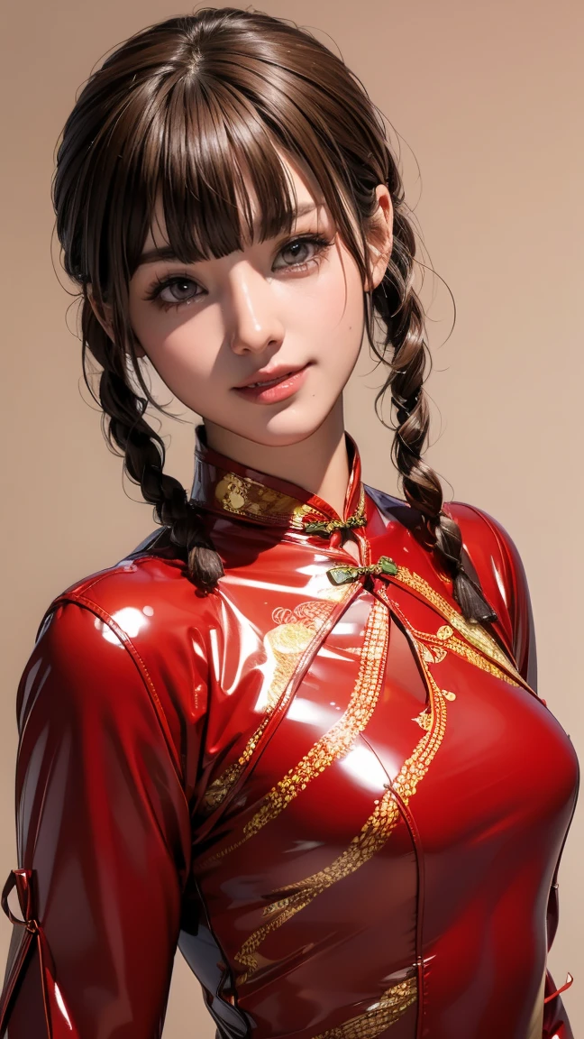 Realistic, masterpiece, Highest quality, Highest Resolution, Anatomically correct, Accurate anatomy, 7 heads, height: 165cm, One Japanese woman, Laughing with your mouth open, Gazing at the audience, Beautiful and beautiful eyes, Sparkling eyes, Thin eyebrows, Gives lashes a delicate finish, False eyelashes, (Chinese traditional makeup:1.2), (Braided hair, Blunt bangs, Brown Hair:1.2), Detailed face, Sharp eyes, (Sexy latex cheongsam, Close-fitting clothing:1.3), Upper body photo, Background like ink painting