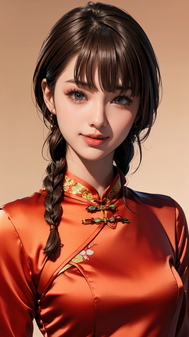 Realistic, masterpiece, Highest quality, Highest Resolution, Anatomically correct, Accurate anatomy, 7 heads, height: 165cm, One Japanese woman, Laughing with your mouth open, Gazing at the audience, Beautiful and beautiful eyes, Sparkling eyes, Thin eyebrows, Gives lashes a delicate finish, False eyelashes, (Chinese traditional makeup:1.2), (Braided hair, Blunt bangs, Brown Hair:1.2), Detailed face, Sharp eyes, (Sexy satin cheongsam, Close-fitting clothing:1.3), Upper body photo, Background like ink painting