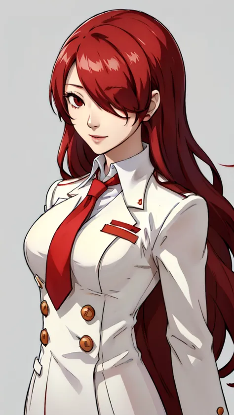 1girl, light red hair, long hair, white suit, tie, red eyes, mitsuru kirijo , curly hair, face portrait , front face, white back...