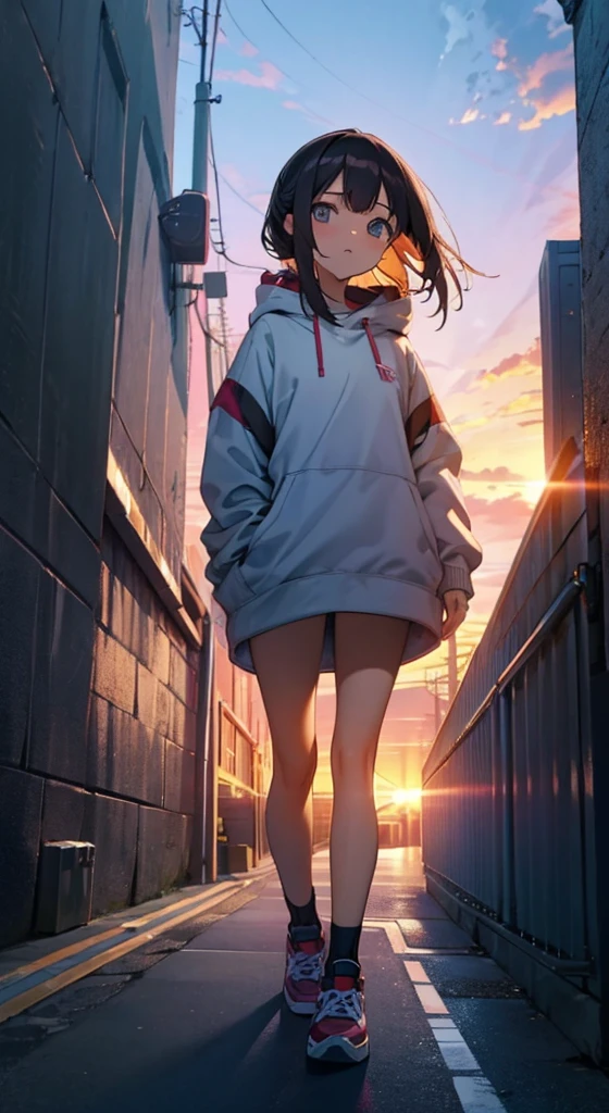 Narrow Alley,Sunset sky,Confused Naked Girl、sneakers