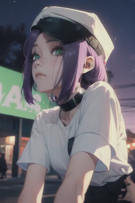 (highest quality)、(highest quality)、cut、chainsaw man、cute、(choker).eyes are emerald、her hair is purple、short bob、beautiful night...