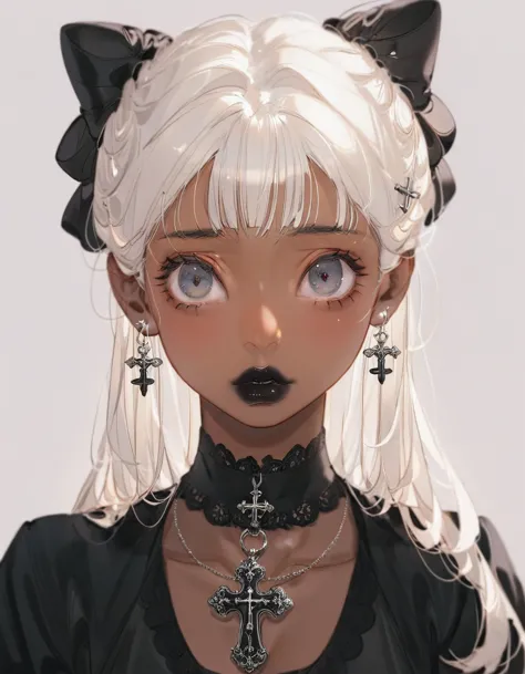 dark skin, gothic girl, gothic lolita, cross pendant, bust up, white hair, black eyes, black lips, thick lips, big nose, asian e...