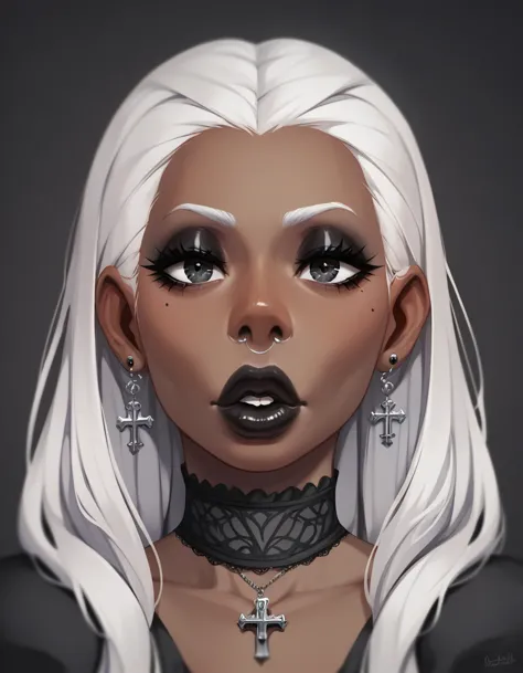 dark skin, gothic girl, gothic lolita, cross pendant, bust up, white hair, black eyes, black lips, thick lips, big nose, small e...