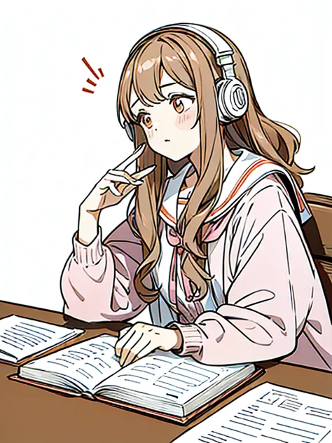 a cute girl in a pink outfit, her light brown wavy hair studying for her college thesis while listening to music with headphones