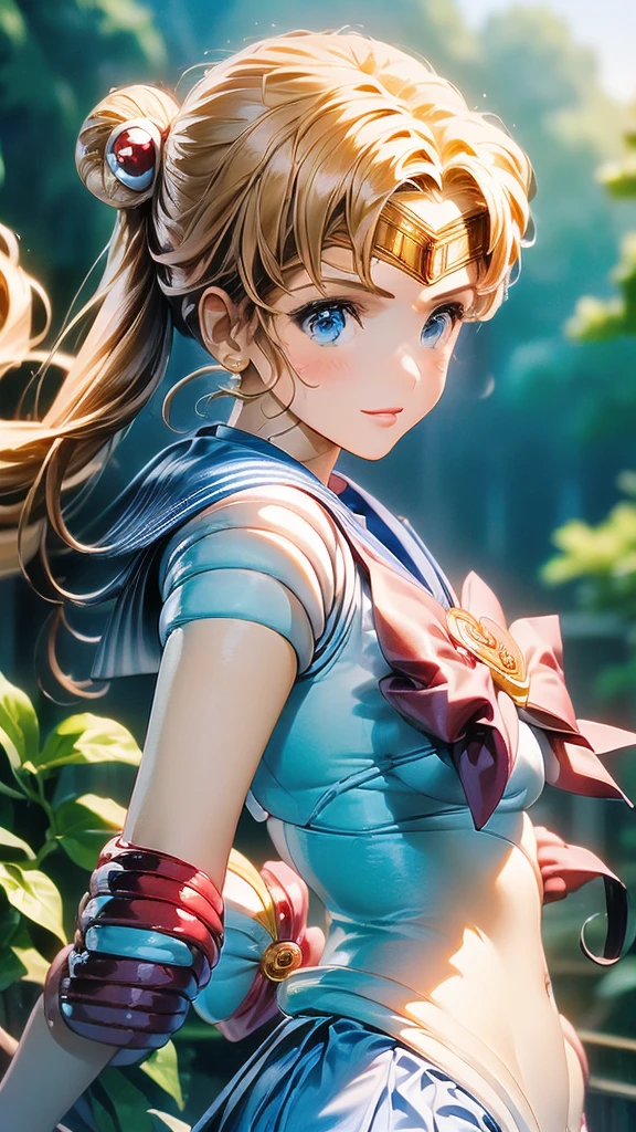 (Woman close up)、((Depict the whole body))、10 generations of women、Pink Lip Gloss、smile、blush、(Open the lipstick a little、High resolution、16K))、In the forest、(((Perfect cosplay of sailor moon)))、Depict the whole body、One girl, solo, High resolution, Anatomically correct, Highest quality, 