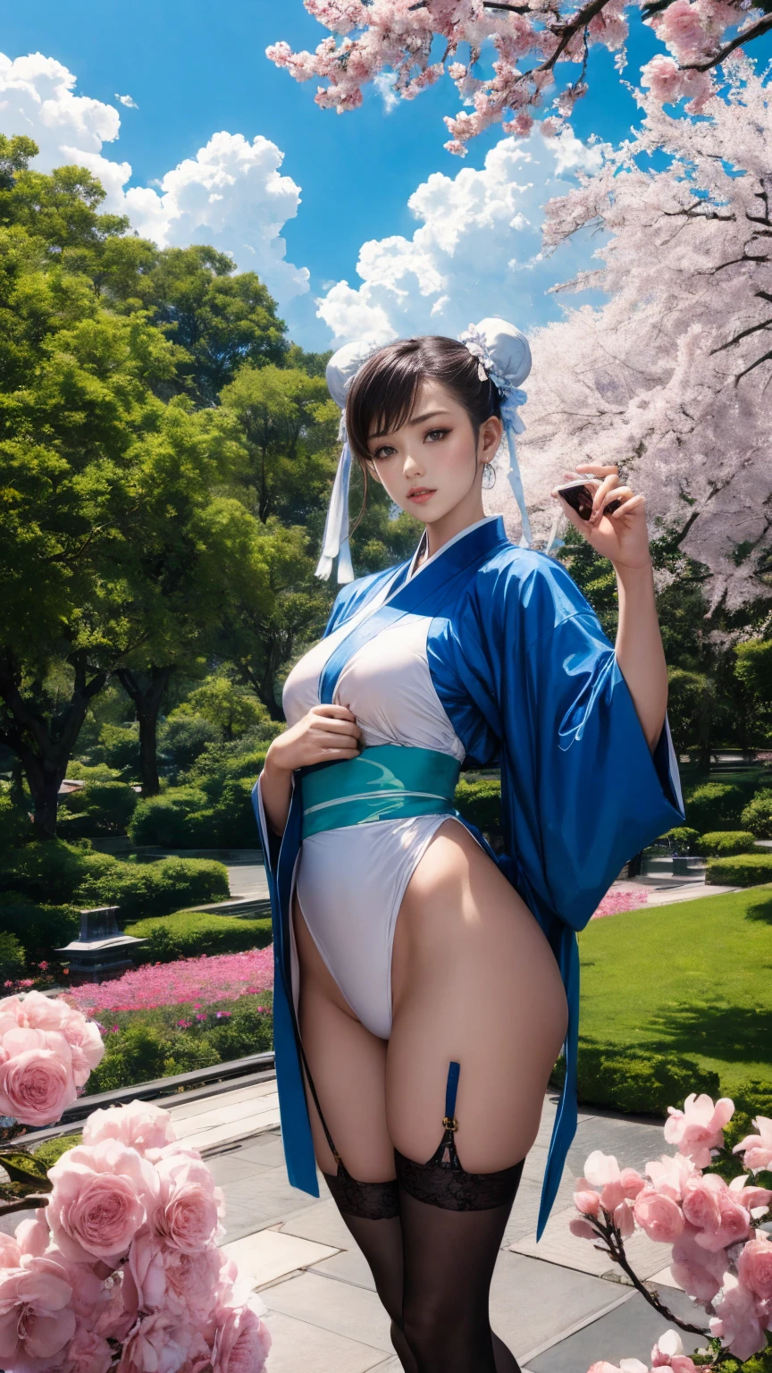 1woman, chun li, chunli, with blue sky and white clouds，Yunshan Garden, pink flowers that, cherry tree, Wearing one-piece stockings, wearing a largue beautiful blue kimono, medium breast, 