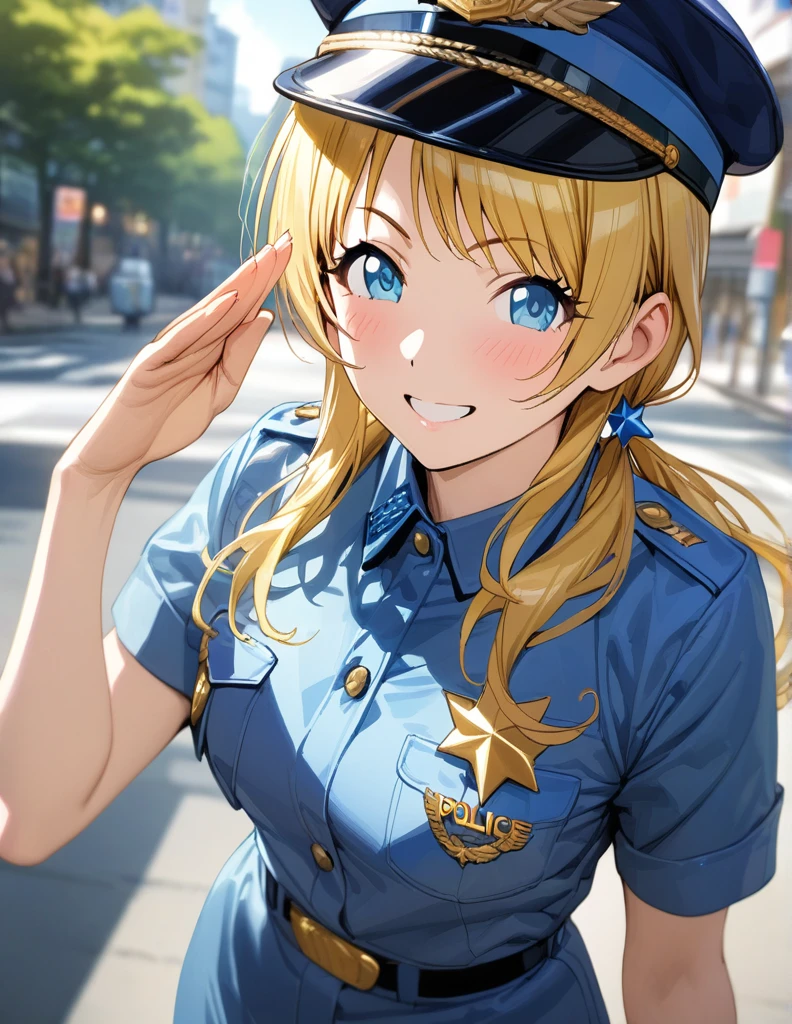 (masterpiece),(Highest quality),(Very detailed),(Best illustrations),(Best Shadow),(Absurd),(Detailed Background),(so beautiful), 
Official Style,

Meguru Hachimiya, blonde hair, long hair, Blue eyes,

the idolmaster shiny colors,
low twintail,
chest,
salute,
Police woman uniform, 
Police hat,
blush,
grin,

alone,
Japan,
street,
Background Blur, 
focus on face,
realistic skin,
cowboy shot,