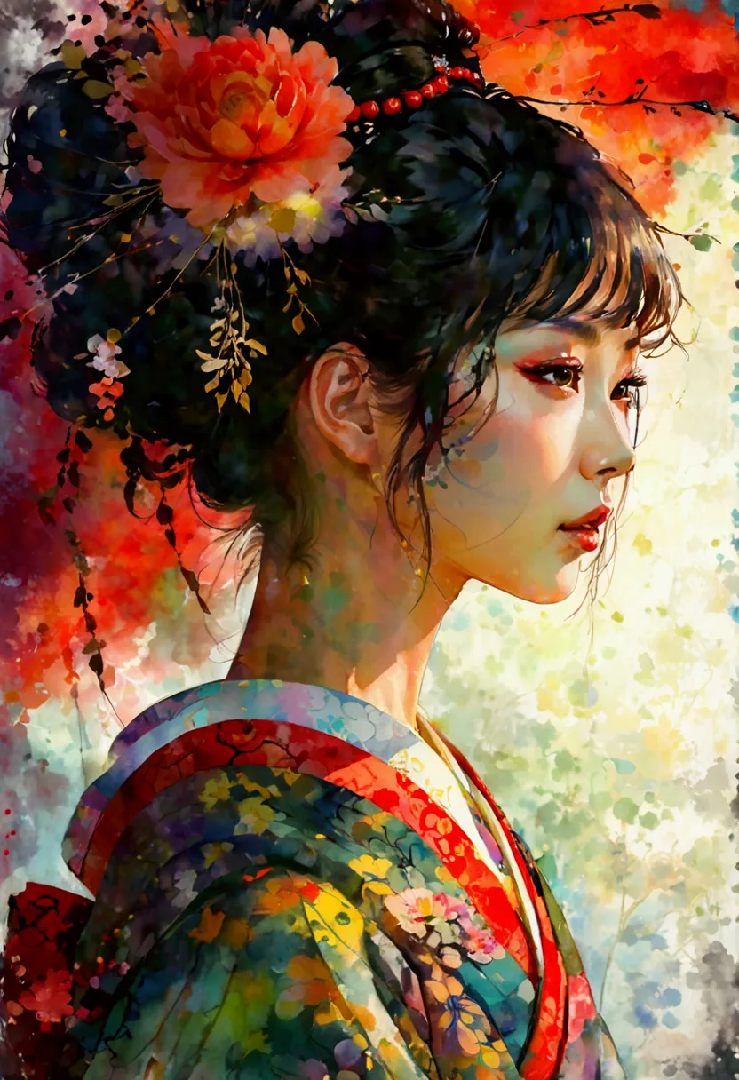 a beautiful modern oiran with a gentle expression, facing forward with her gaze directly ahead. the image is created in a waterc...