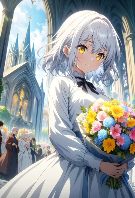 masterpiece, highest quality, highly detailed cg unity 8k wallpapers, one girl, anime screenshots, holding a bouquet of colorful...